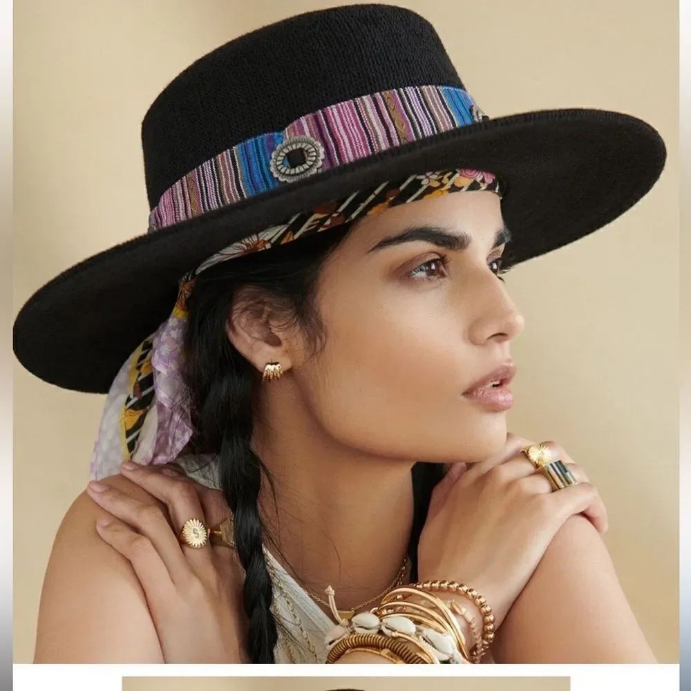 Anthropologie Wyeth Western Trimmed Boater Black Hat O/S